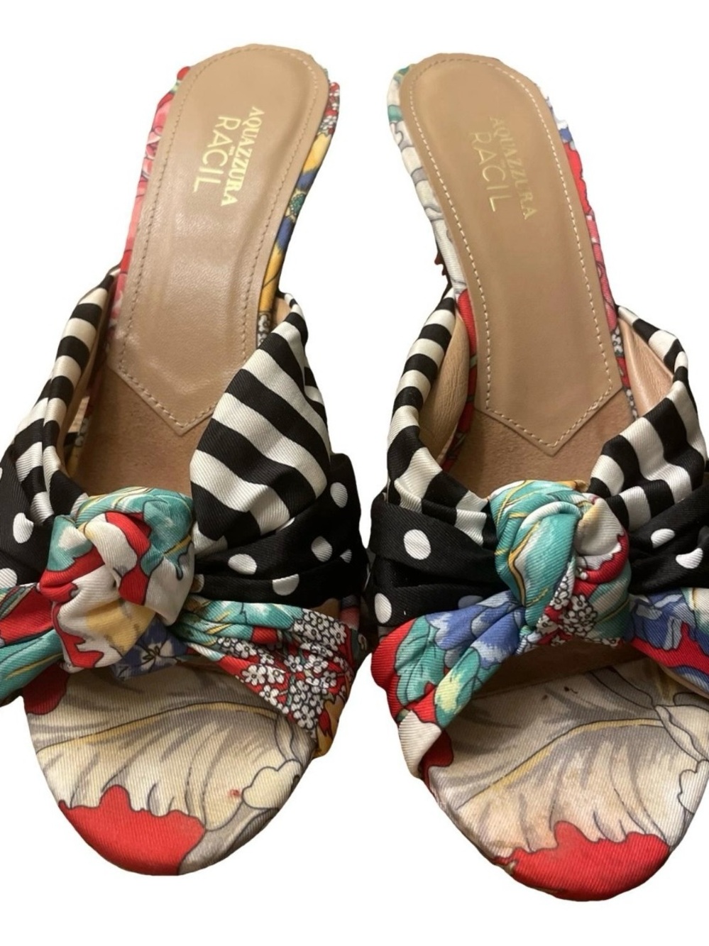 Aquazzura Multicolor Floral & Black-Stripe Knot Slide Sandals